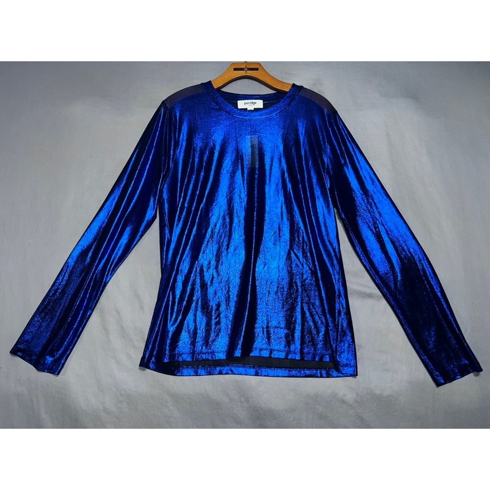 Anthropologie Porridge Metallic Electric Blue Long Sleeve Mesh Shoulder Top XL